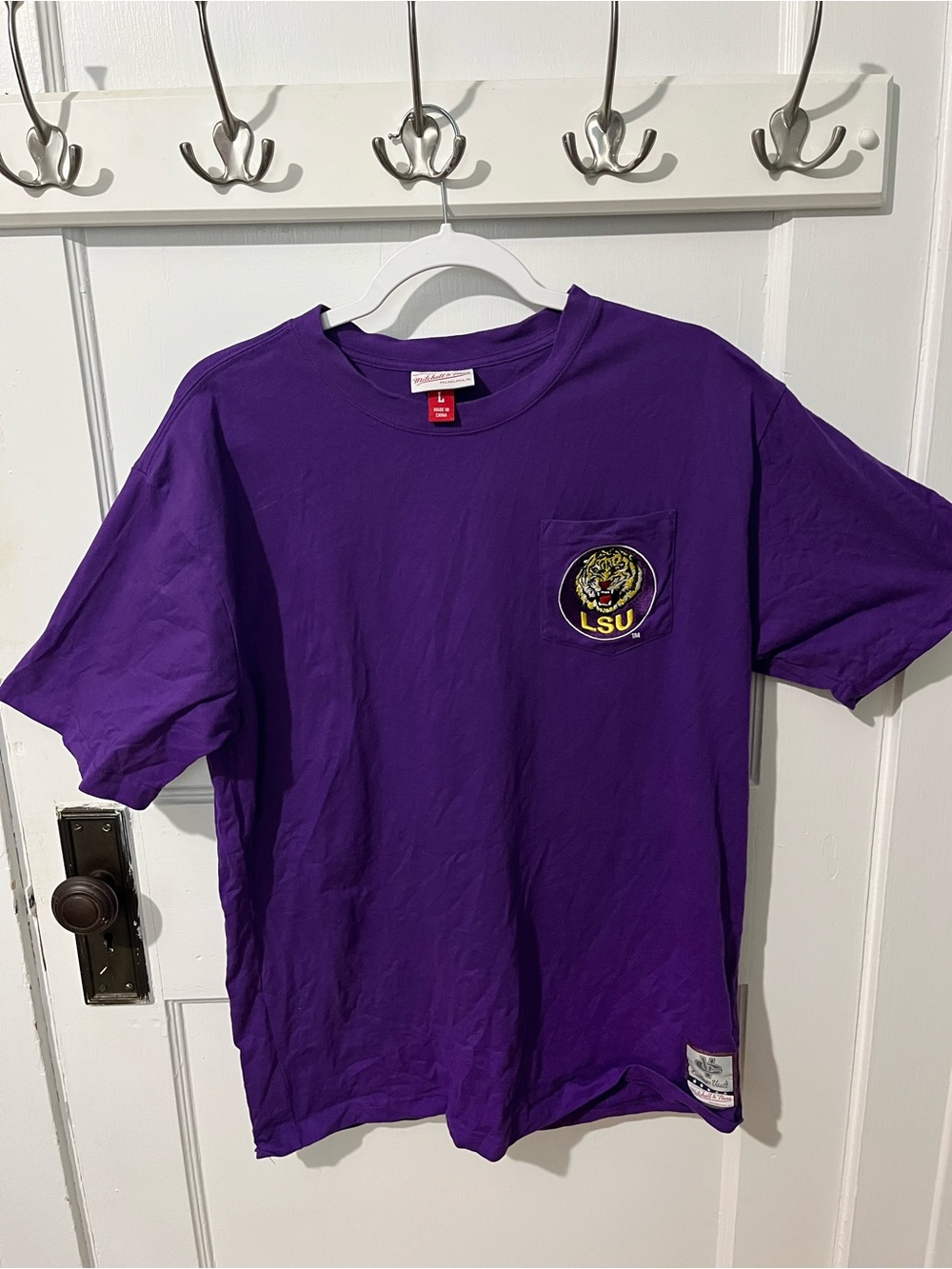 Mitchell and Ness game day LSU Purple Pocket Tee with embroidered Tiger Patch